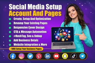 create and setup facebook, instagram, youtube, pinterest and all business pages