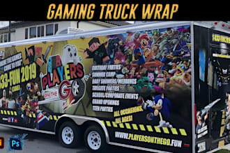create a unique gaming truck wrap, food truck, long trailer