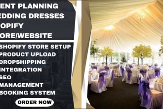 design event planning shopify store, wedding dress,  event planning website