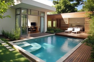design swimming pool, garden, landscape, backyard, terrace, patio rendering