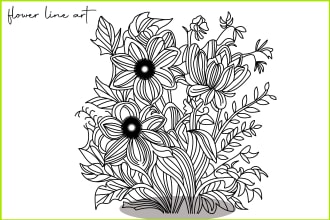 draw botanical flowers, line art, plants and illustration