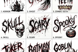 create scary,horror,spooky name text ,animal,faces,skull logo or stickers design