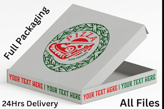 design pizza box, burger, label, snacks, and product package