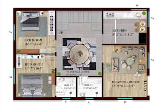 design 2d color floor plan with 3d effect