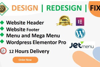 design,redesign,fix header,footer,and mega menu for wordpress elementor website