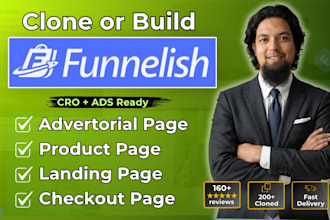 clone funnelish advertorial, product landing page, checkout page, sales funnel