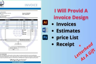 provide professional invoice with price list letterhead invoice design
