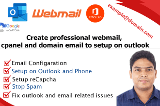 create professional webmail, cpanel and domain email to setup on outlook