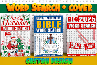 create custom word search puzzle interiors and book covers for KDP in 24hr