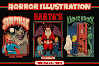 draw vintage horror, scifi, neon cartoon for your tshirt