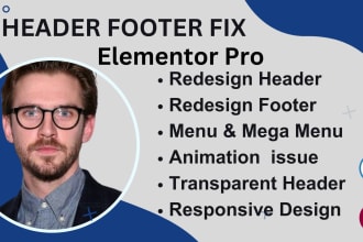 built and fix  and redesign header , foooter and mega menu with elementor