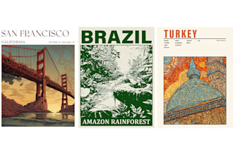 make retro travel posters for cultural cafés and restaurants