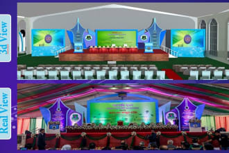 create all kind of event 3d stage, gate,  branding, theme, stall, fair plan