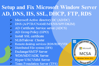 setup microsoft windows server ad, gpo, dns, dhcp, iis, SSL, adcs, rds, vdi, ftp