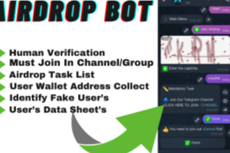 create professional airdrop bot and group help bot just 1 hour