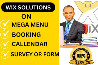 do wix mega menu, wix booking calendar, wix website, survey, email automation,