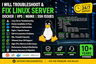troubleshoot and fix linux server, docker, vps, nginx and ssh issues