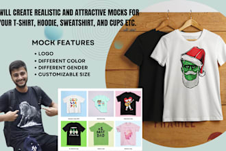 create realistic and attractive mocks for tshirt, hoodie, sweatshirt, and cup