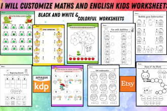customise pre school coloring  book math english  worksheet for kdp and etsy