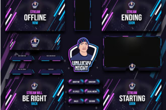 design animated twitch overlay, kick overlay, logo, panels, screen, alert, intro