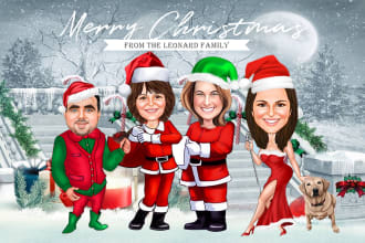 draw and design a christmas family group cartoon or business caricatures card