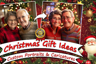custom couple, family portrait for christmas gift, christmas card illustration
