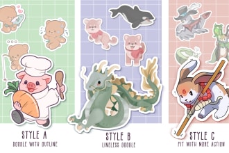 draw cute cartoon or chibi illustration art or stickers sheet