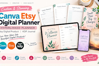canva etsy digital planner hyperlinked planner etsy digital product, kdp journal