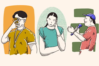 draw cartoon portrait of your self and pets and foods