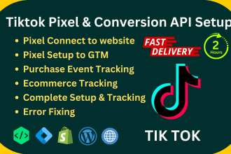tiktok pixel setup, tiktok event tracking and conversion api setup in 2 hours