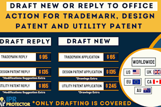 draft new or reply to office action for trademark, design and patent application