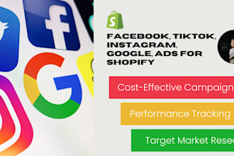setup gadget tiktok facebook, pinterest instagram, google, ads for shopify sales