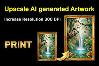 ai images or artwork upscale, resize, increase resolution 300 dpi print ready
