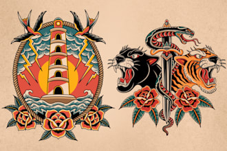 create old school or traditional style tattoo illustrations