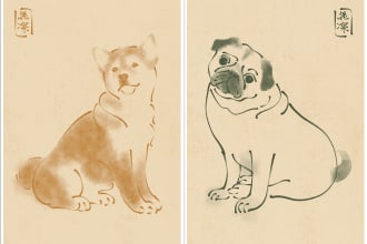 draw your pet in minimalist inkbrush japanese ukiyoe style