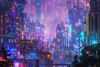 draw a cyberpunk synthwave city for you