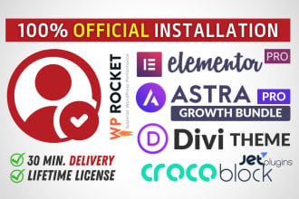 install wordpress elementor pro, astra pro, crocoblock,wp rocket, bricks builder