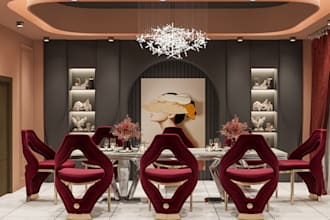 craft realistic 3d interior designs for bedroom, dining, and living rooms