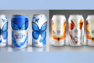 wine, energy drink, soda, and beer cans label design