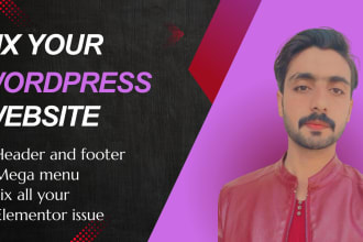 redesign and fix header, footer, mega menu for wordpress elementor website