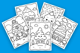 create whimsical coloring pages of cute houses and nature scenes for you