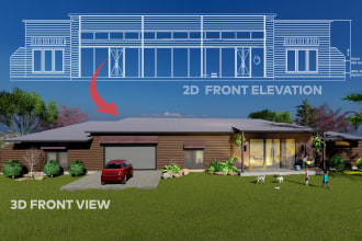 render 2d, 3d house front view, pergola, patio and backyard