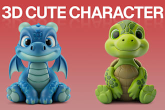 design cute chibi 3d character model, toy, animal in cartoon style and rendering