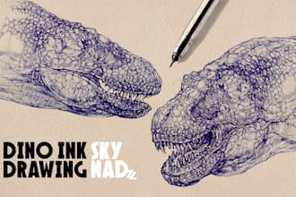 create detailed dinosaur ink drawings in ballpoint pen