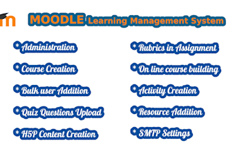 administrate, create courses, h5p content, upload questions, rubrics on moodle