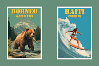 create unique vintage, retro, art deco, travel poster or landscape illustration