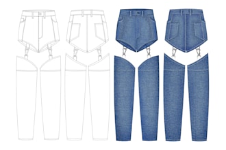 design trendy denim jeans, flat sketch and tech pack