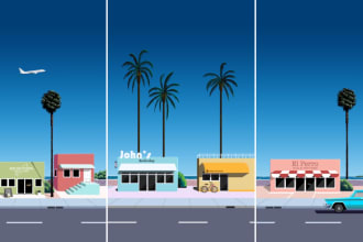 draw a retro city pop landscape in hiroshi nagai 80s style