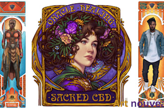 draw art nouveau character, vintage logo, retro poster with your illustration