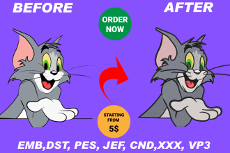 do embroidery digitizing convert to pes, dst, jef, in 1 hour